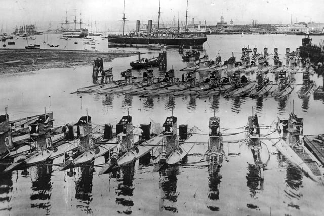 Thirty-five submarines tied up at Fort Blockhouse, Gosport, for a fleet review in 1908.
