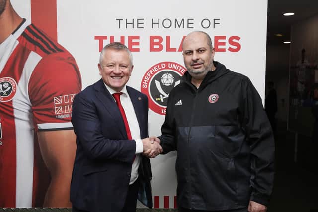 Chris Wilder manager of Sheffield Utd shakes hands with owner of Sheffield Utd H.R.H. Prince Abdullah after signing a new four and half year contract before the Premier League match at Bramall Lane, Sheffield.  Simon Bellis/Sportimage
