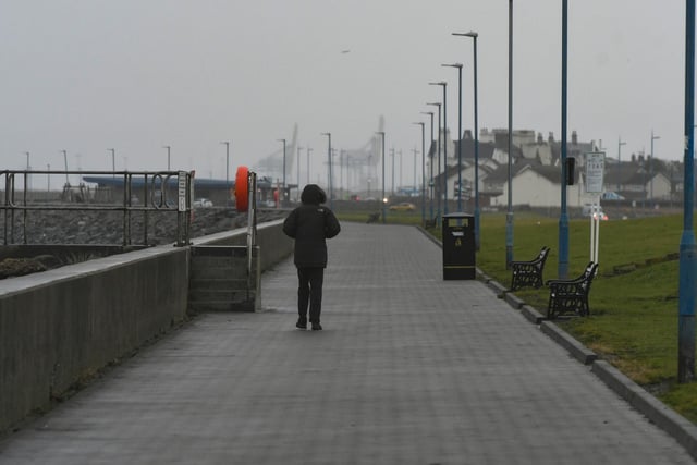 A lone walker could be seen along the seafront at Seaton Carew during the storm.