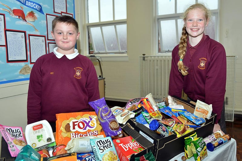 St Cuthberts Primary School pupils Ellis Cannell and Danielle Egan were pictured in 2014 with produce which had been gathered for the harvest festival.