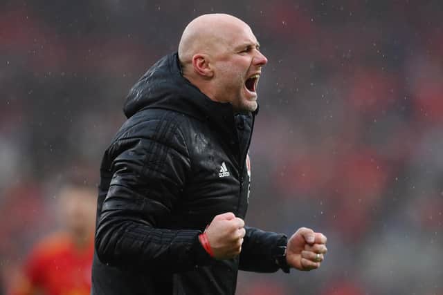 Rob Page, Head Coach of Wales celebrates after their sides victory which qualifies Wales for the 2022 FIFA World Cup during the FIFA World Cup Qualifier between Wales and Ukraine at Cardiff City Stadium on June 05, 2022 in Cardiff, Wales. (Photo by Shaun Botterill/Getty Images)