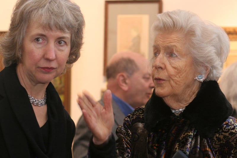 The Dowager Duchess of Devonshire with museum manager Ros Westwood at the opening of Buxton Museum's exhibition of items relating to the late Duke in 2008