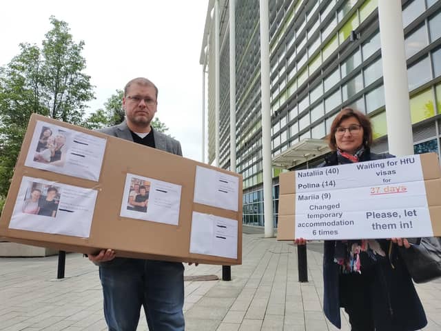 Anton Ievsiushkin and Tanya Klymenko went to the doors of Sheffield's branch of the Home Office to appeal for updates on their friends and families' visa applications.