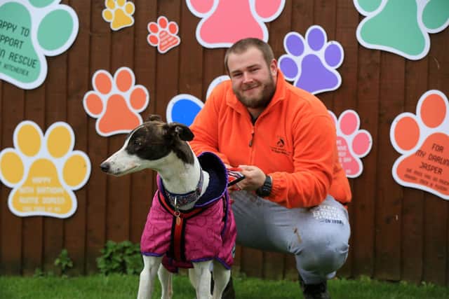 Staff and animals at Rain Rescue help promote their paw print plaques they are offering this year to help them through the pandemic financially. Pictured is Michael Heredge with Lilly. Picture: Chris Etchells.