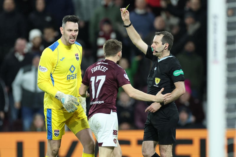 Referee Alan Muir handed Hearts attacker Alan Forrest a yellow card for diving against Ross County, but it was rescinded. An on-field review should have been recommended in which a penalty would be awarded.