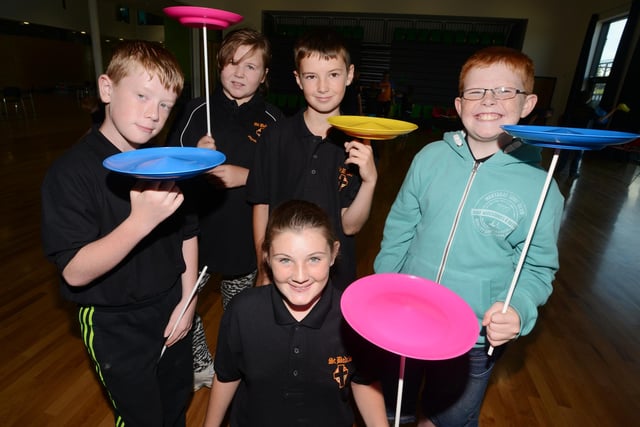 Children at St Bede's School were learning circus skills as part of their summer camp activities. Pictured left to right are Marley Blair, Zoe Blackett, Craig Roberts, Reece Tilley and Courtney Roberts