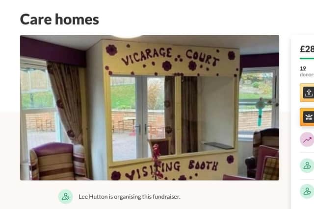Lee Hutton's Go Fund Me page shows an example of a visiting booth that he will have fitted in a care home.