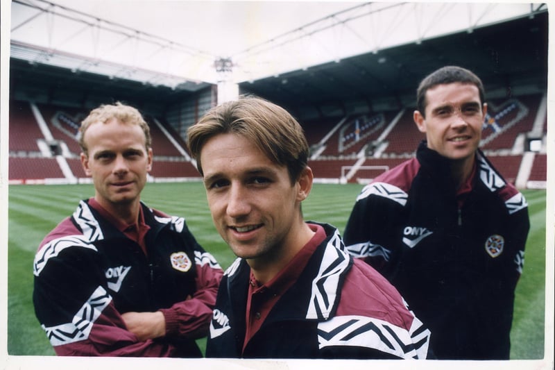 Hearts players L TO R Jeremy Goss, Neil McCann and David Weir. New signings in 1996.