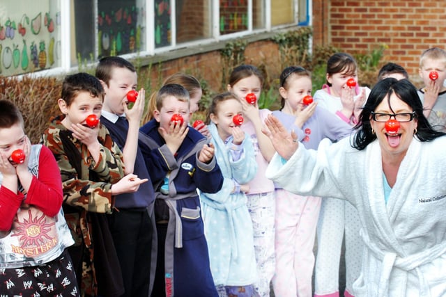 Fun, fun, fun in 2009 at Hylton Castle Primary School where teaching assistant Alison Atkinson was being funny for donations for Red Nose Day.
