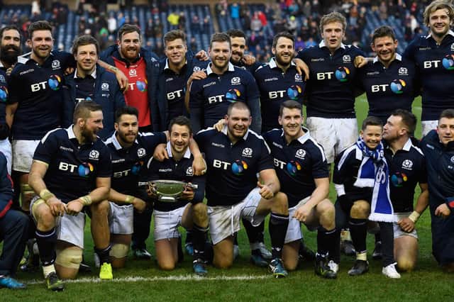 Scotland captain Greig Laidlaw and team-mates celebrating the national team's last win against Ireland at Murrayfield Stadium on February 4, 2017, in Edinburgh (Photo by Stu Forster/Getty Images)