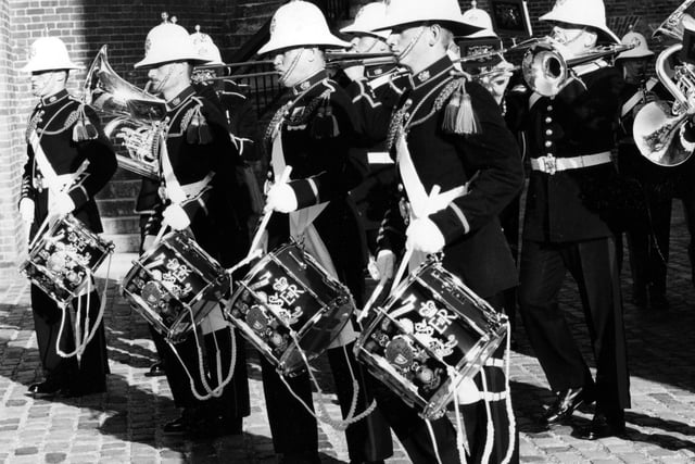 The Royal Marines band beat the retreat at Southsea Castle to mark the return of the Royal Marines headquarters to Portsmouth, 1993. The News  PP5160