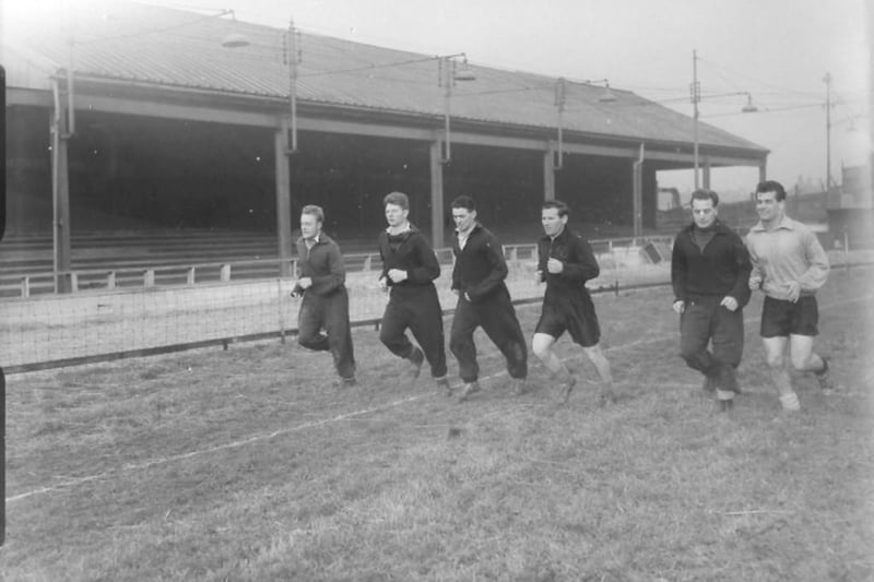 Ken Johnson leads the training with Tommy Mcguigan in 1956. Photo: Hartlepool Museums Service.