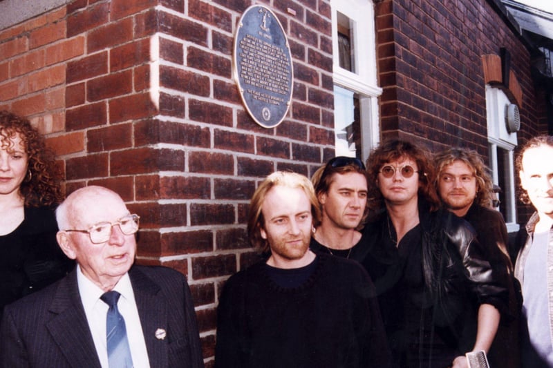 Rock band Def Leppard unveiling a Sheffield Heritage plaque at Crookes Working Men's Club, where they played some early gigs. Now rock superstars, the band which formed at Westfield School in 1978 were honoured by the city with a special day of events on October 5, 1995.