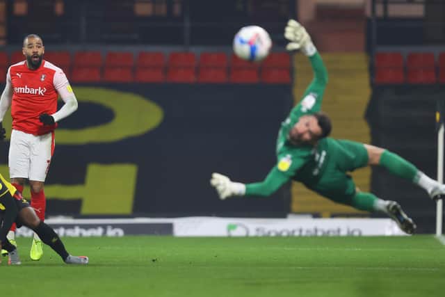 Rotherham United's Kyle Vassell has a shot saved by Ben Foster during the Millers' 2-0 defeat at Watford in the Sky Bet Championship last night. (Photo by Julian Finney/Getty Images)