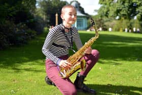 Mia Virgo-Cox has just had her had shaved and is donating her hair to the Little Princess Trust. A keen musician Mia is pictured performing a saxophone gig in Weston Park.
