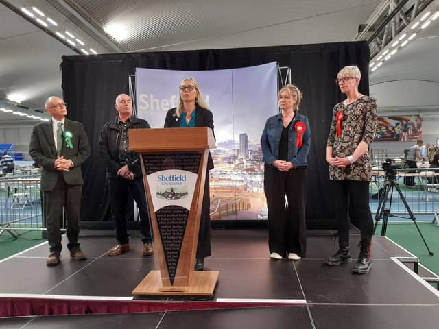 Sheffield City Council election returning officer Kate Josephs announcing the Firth Park ward result on May 3, 2024, when two seats were up for election. The successful Labour candidates on the right of the picture are Nikki Belfield and Fran Belbin. Picture: Julia Armstrong, LDRS