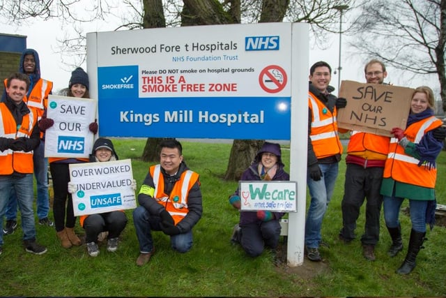 Junior doctors striking outside King’s Mill in 2016 over working conditions and long hours.