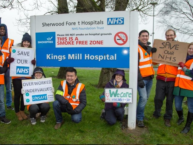 Junior doctors striking outside King’s Mill in 2016 over working conditions and long hours.