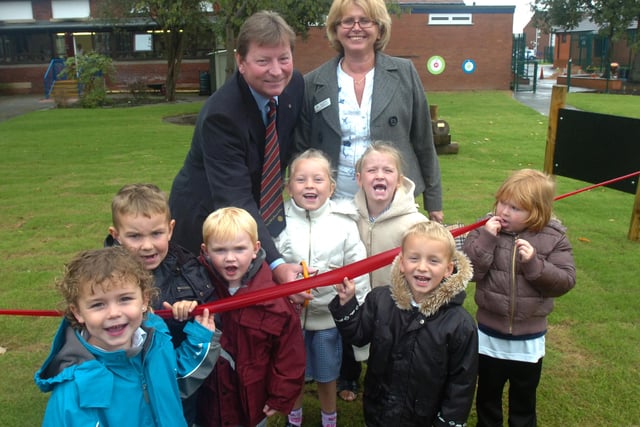 Pictured at the Toll Bar Primary school, Askern Road, in 2008 where  Jack Cusworth President of the Rotary Club of Doncaster St Ledger cut a ribbon to launch a new play area for the children funded by the club following the 2007 floods