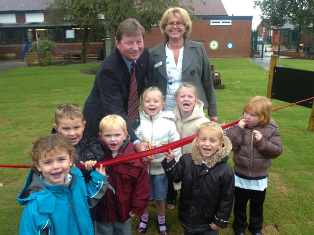 Pictured at the Toll Bar Primary school, Askern Road, in 2008 where Jack Cusworth President of the Rotary Club of Doncaster St Ledger cut a ribbon to launch a new play area for the children funded by the club following the 2007 floods