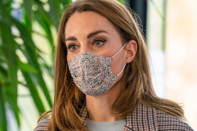 Catherine, Duchess of Cambridge, wears a face mask as she visits students at the University of Derby to hear how the pandemic has impacted university life.