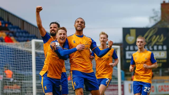 Mansfield Town forward Jordan Bowery celebrates his goal against Scunthorpe Utd.
