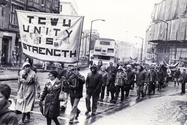 Trade unionists marching through Sheffield city centre in February 1981 to protest against Government cuts