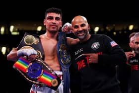 Jordan Gill celebrates with Trainer Dave Coldwell after victory in the EBU European Featherweight Title fight between Jordan Gill and Karim Guerfi at The O2 Arena on February 27, 2022 in London, England. (Photo by James Chance/Getty Images)