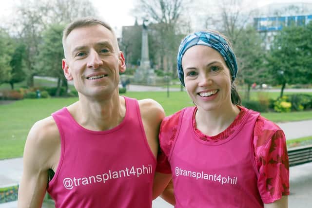 Paul and Stephanie Fauset in their 'Transplant4Phil' tee shirts in Weston Park