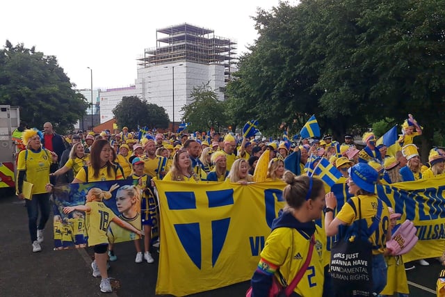 Swedish fans on their way to Bramall Lane ahead of the historic game. Photo: Mark Hawley