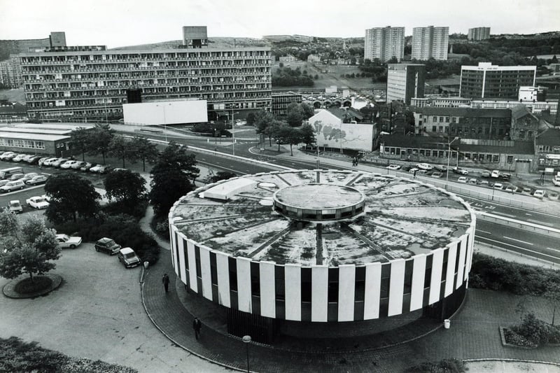 Sheffield's 'Wedding Cake' Register Office with the Polytechnic, left, and Sheaf Valley and Norfolk Park in the background, 1982