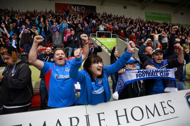 Pompey fans celebrate at full-time following the Blues' 2-1 win at Doncaster Rovers in October.