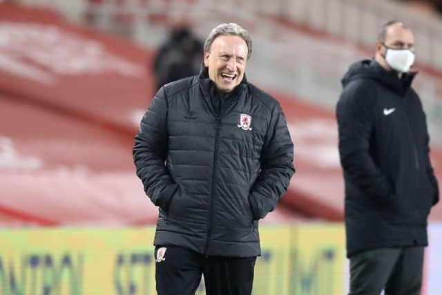 Middlesbrough manager Neil Warnock laughs whilst watching on the touchline during the Sky Bet Championship match at the Riverside Stadium, Middlesbrough.