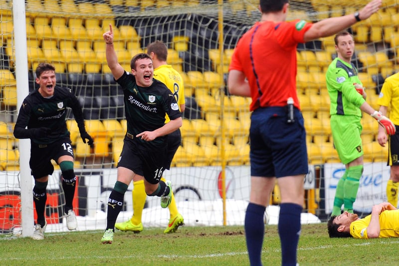 Vaughan nets the second after Ross Callachan (left) had opened the scoring in a 2-0 away win at Livingston in March 2015.