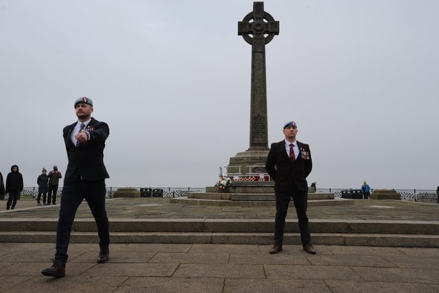 Former Royal Electrical and Mechanical Engineers (REME) sergeant Adam Wilkinson changes guard with former REME sergeant Joe Beston at Terrace Green, Seaham, as part of a 24-hour vigil at Seaham's war memorial to raise funds for the Poppy Appeal.