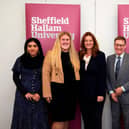 Gillian Keegan MP with Sheffield Hallam VC Professor Sir Chris Husbands and degree apprentices