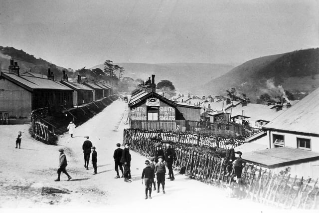 Birchinlee Village (looking north) - the "Tin City" built for workmen constructing the Derwent Valley Dams - 1901-1914Centre foreground is Mr. Harry Oliver's tailor's shop.