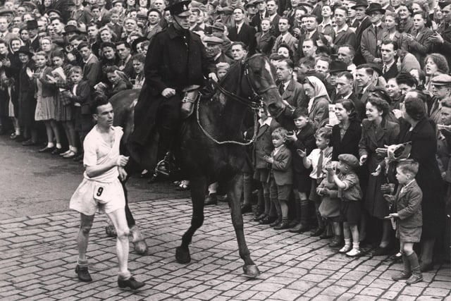 Finish of the Star Walk, photo shows G H Edge No 9 coming in second place for the Star Walk in 1949.