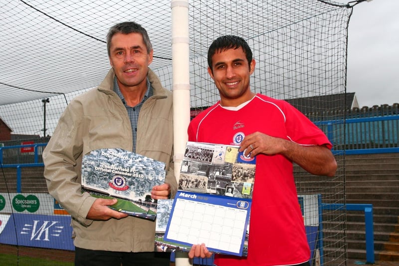 Ernie and Jack Lester with Chesterfield FC's End of an Era calendar.