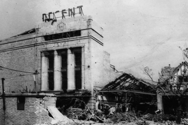The Regent cinema pictured after a bomb dropped in the street. It damaged the Regent but it also demolished another nearby cinema.