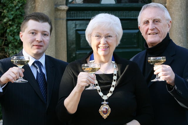 Food and Beverage Manager of the Riverside Restaurant Colin McLean, Mayor of Bakewell Joyce Steele and Deputy Mayor Bill Kirkland toasted  the success of their wine tasting evening in Ashford-in-the Water, which raised £500 for the Bakewell and Eyam Community Transport Scheme and Helen's Trust in 2006