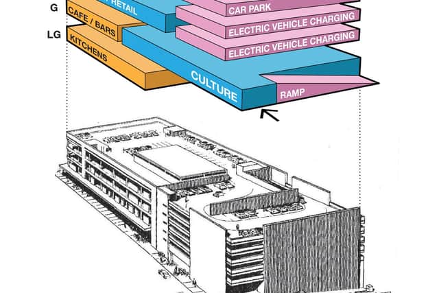 A new 3-D plan of the building shows how its uses could fit together