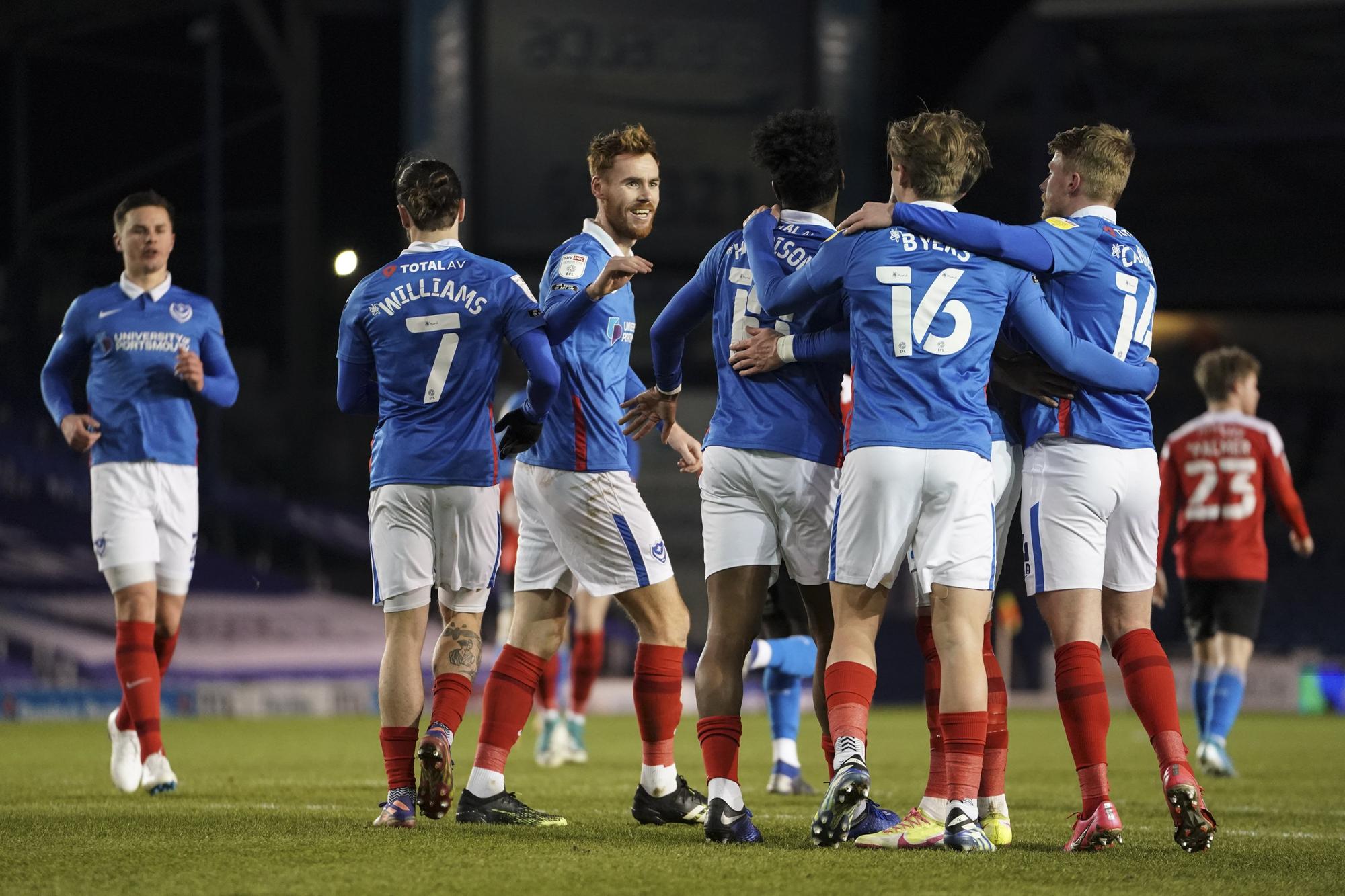 Goal, Portsmouth 2-0 Swindon Town, Ellis Harrison of Portsmouth scores from the penalty spot during the EFL Sky Bet League 1 match between Portsmouth and Swindon Town at Fratton Park, Portsmouth, England on 9 February 2021.