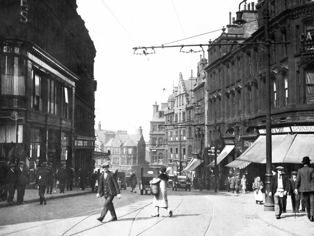 A view looking down Snig Hill and Angel Street, Sheffield, in the early 1900s