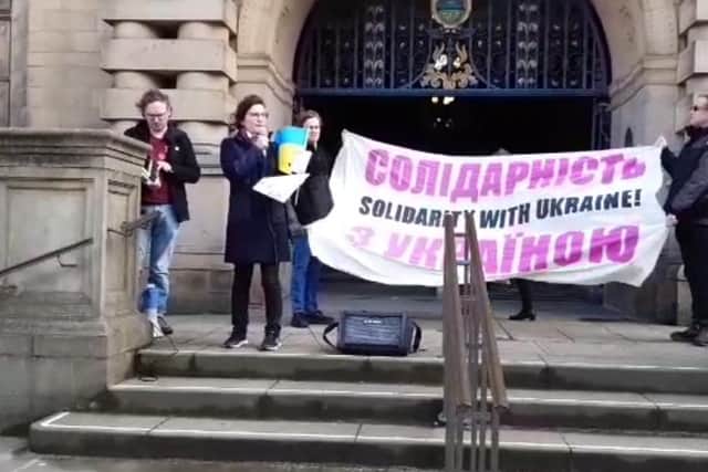 Protests over the war in Ukraine outside Sheffield Town Hall on March 12. Tanya Klymenko addresses the rally.