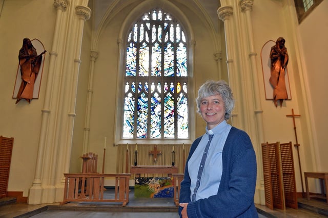 Rev Claire Dawson, of St Mary's Church on Bramall Lane, is pictured - in July The Star revealed that stained glass removed from windows at the building to protect them from Nazi bombs had been found and sold at auction, solving a decades-long mystery. Records detailing the hiding place where the glass was kept had been lost.