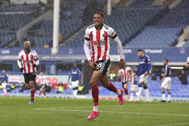 Sheffield United's Daniel Jebbison celebrates after scoring what would be the winning goal during the match between Everton and Sheffield United at Goodison Park. (Alex Pantling/Pool via AP)