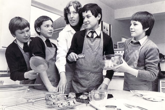 Picture shows Mrs Pamela Evans, head of home economics at High Storrs, with pupils, from left, Graham Learmonth, Jason Hogan, Nigel Brindley and Steven Oldfield in March 1980