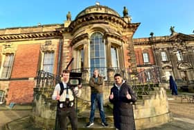 Wentworth Woodhouse’s Young Producers on the mansion’s West Front: L-R Brad Guilliam, Dylan Carratt, Brandon Steer