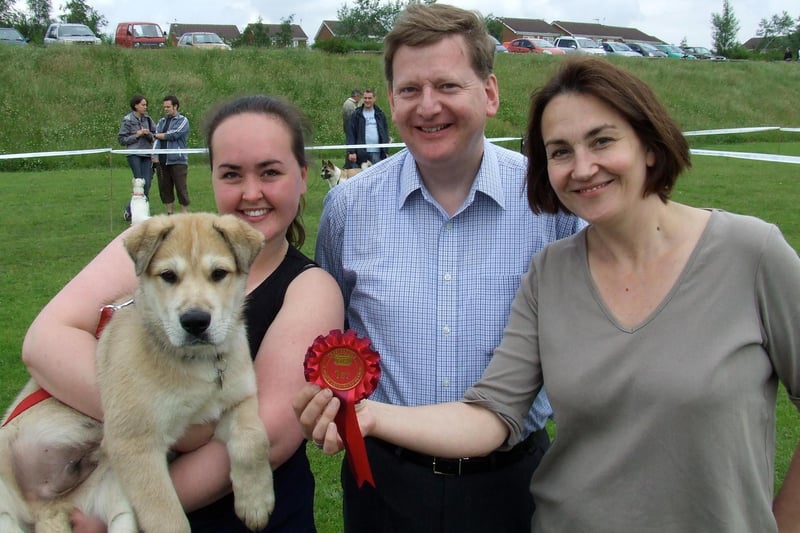 Adele Hall from Stanfree with Zak who collared Dog with the Most Appealing Eyes at the RSPCA dog show at Holmebrook Valley Park, Chesterfield, in 2007. Zak received his rosette from MP Natascha Engel, who judged the show alongside fellow judge Martin Thacker.